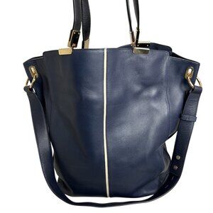 Times Arrow Large Navy Blue Leather Tote Bag Gold Hardware /White Accent